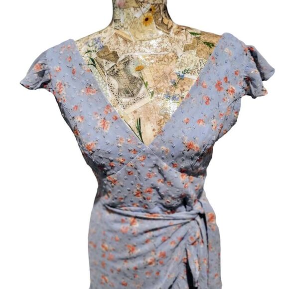 Dee Elly Blue Ditsy Floral Summer Ruffle Sleeves Girlcore Romantic Short Dress - Picture 3 of 10